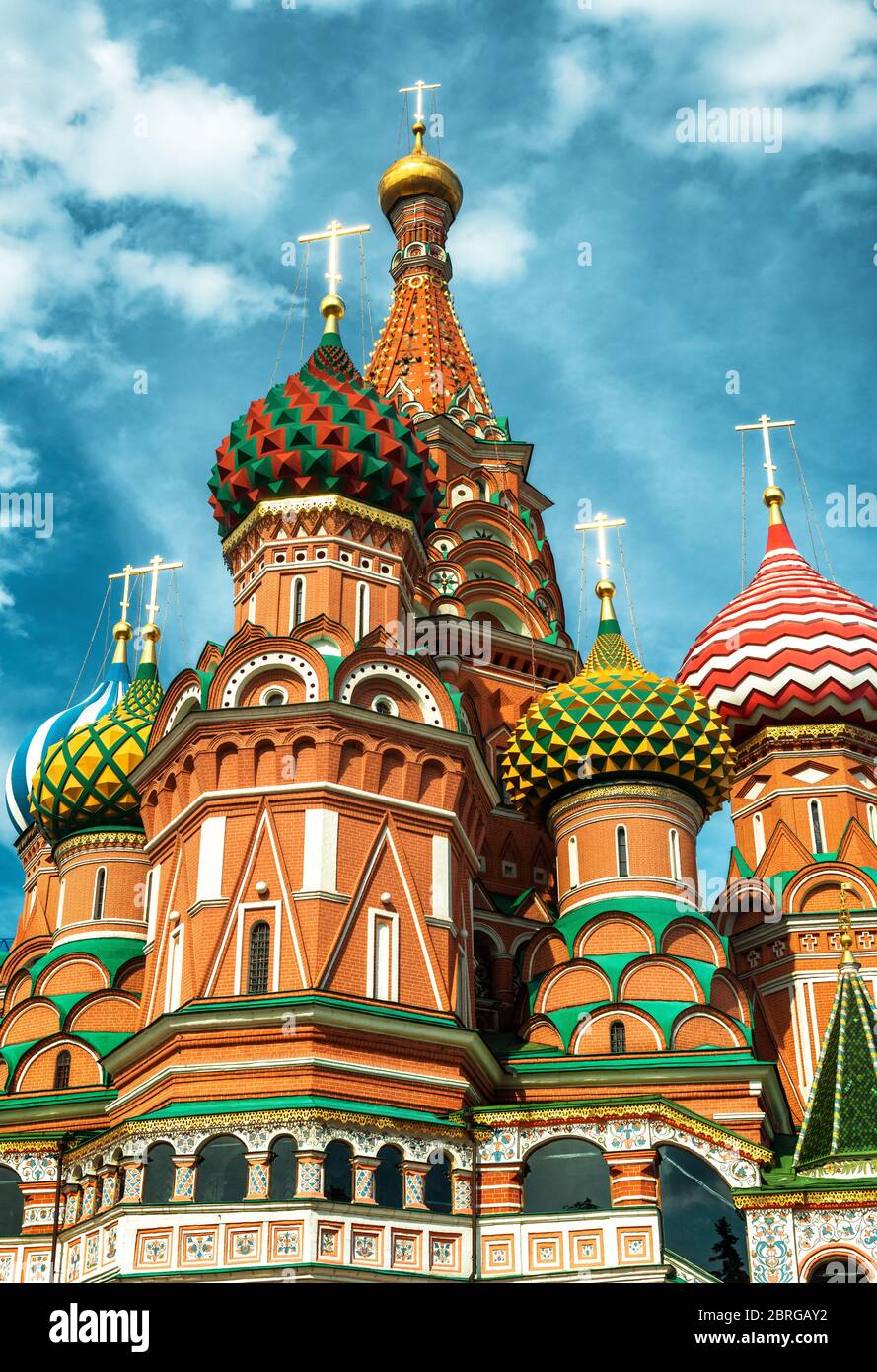 St Basil`s Cathedral on Red Square, Moscow, Russia, Europe. It is a famous landmark of Moscow. Saint Basil`s church in Moscow center close-up. Old bea Stock Photo